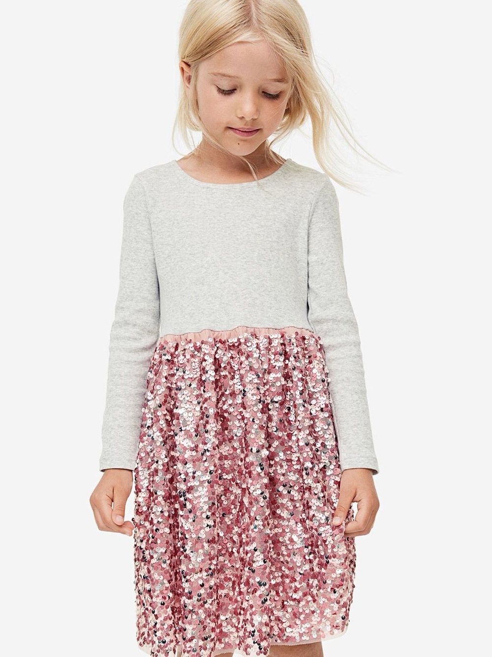 NWT H&M Grey Ribbed Pink Sequin Skirt Holiday Long-Sleeve Top Dress 6 - 7